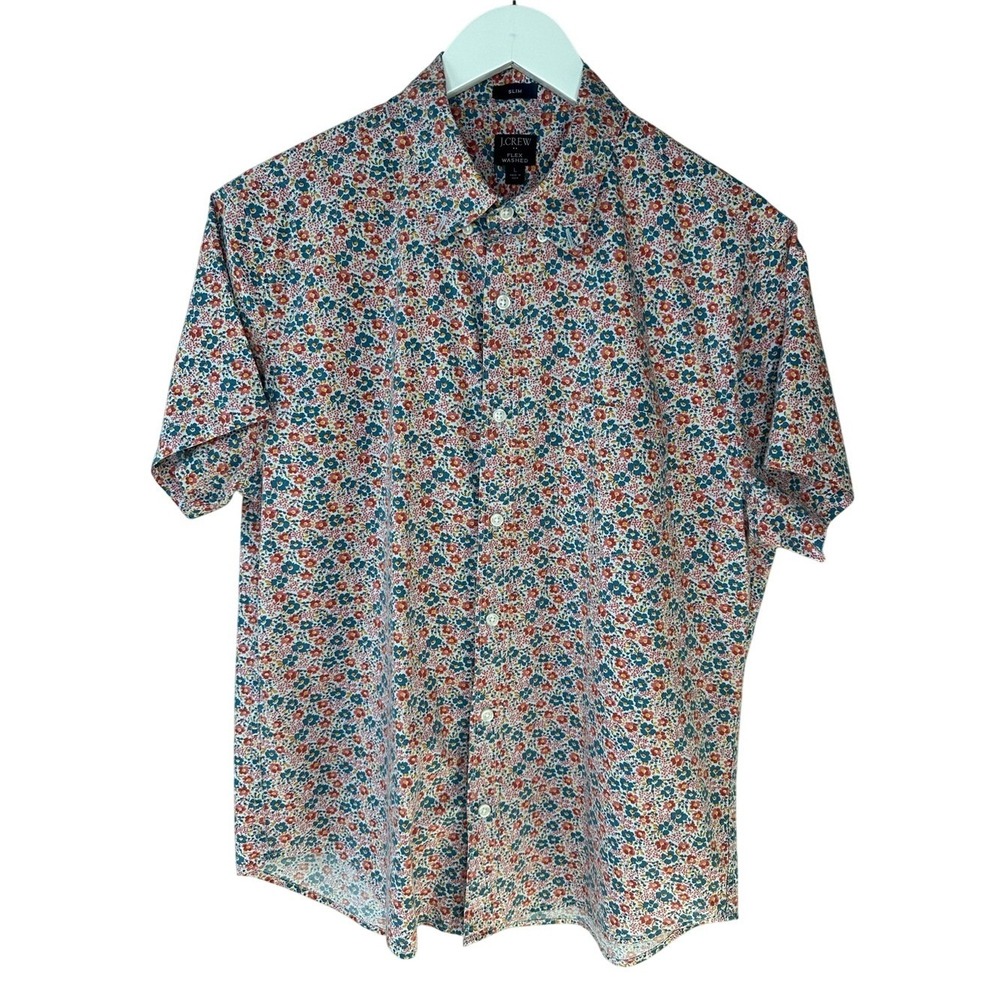 J Crew Factory Flex Washed Slim Fit Button Down Shirt Size Large Short Sleeves